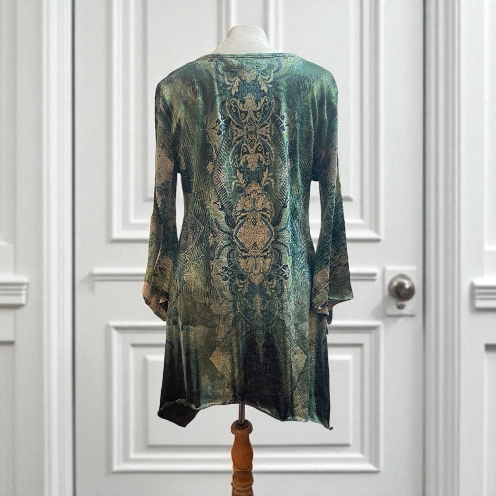 One World Paisley Tunic Top M Green Multi Embellished Asymmetric Hem bohemian - Picture 1 of 6
